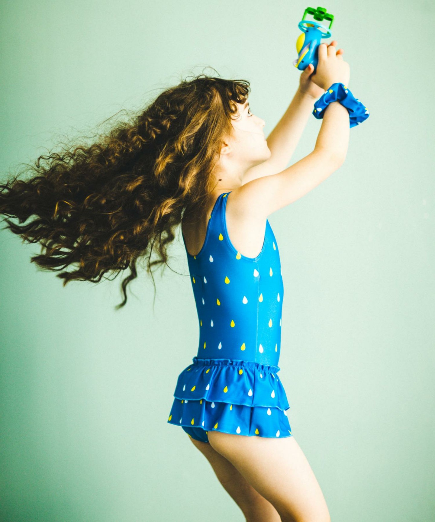 Blue Suzuku ruffle kids swimsuit by Japanese kids fashion brand Green Label Relaxing by United Arrows